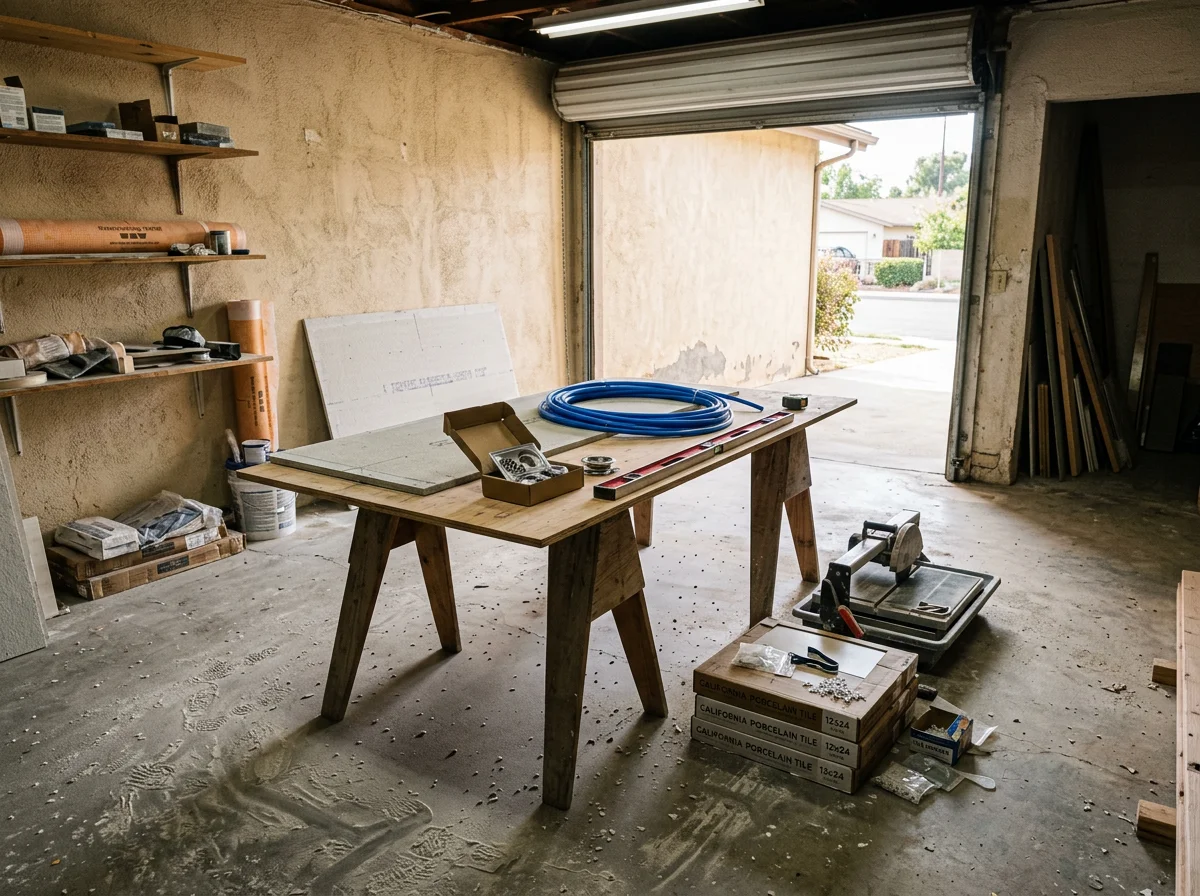 Environmental view of a bathroom remodeling work area with tools, materials, and fixtures staged for installation. No people are shown in this photo.