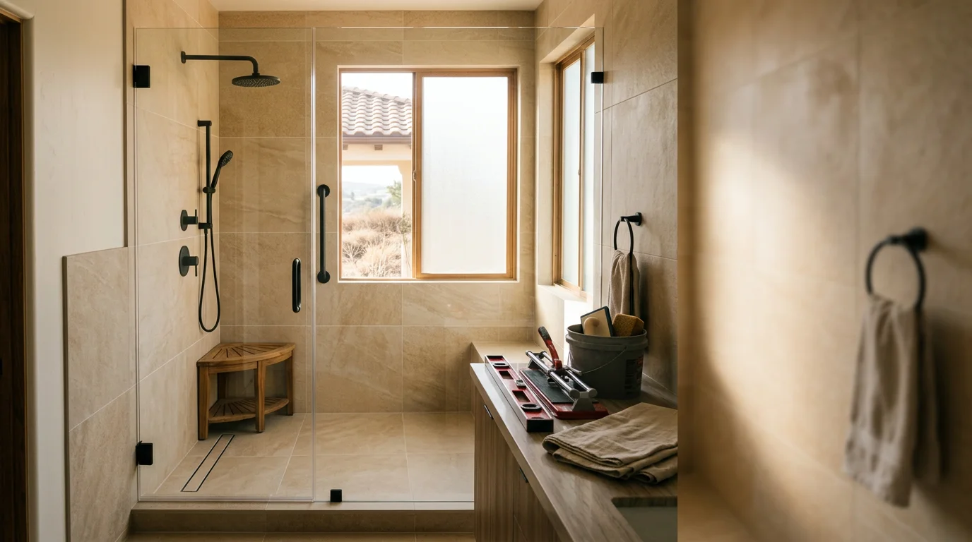 Bright coastal bathroom remodel with orange and teal accents, a walk-in shower, and a tub in a San Diego County home