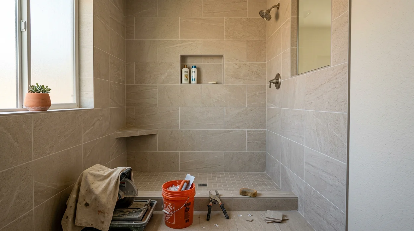 Teal tile shower wall installed in a coastal San Diego County bathroom