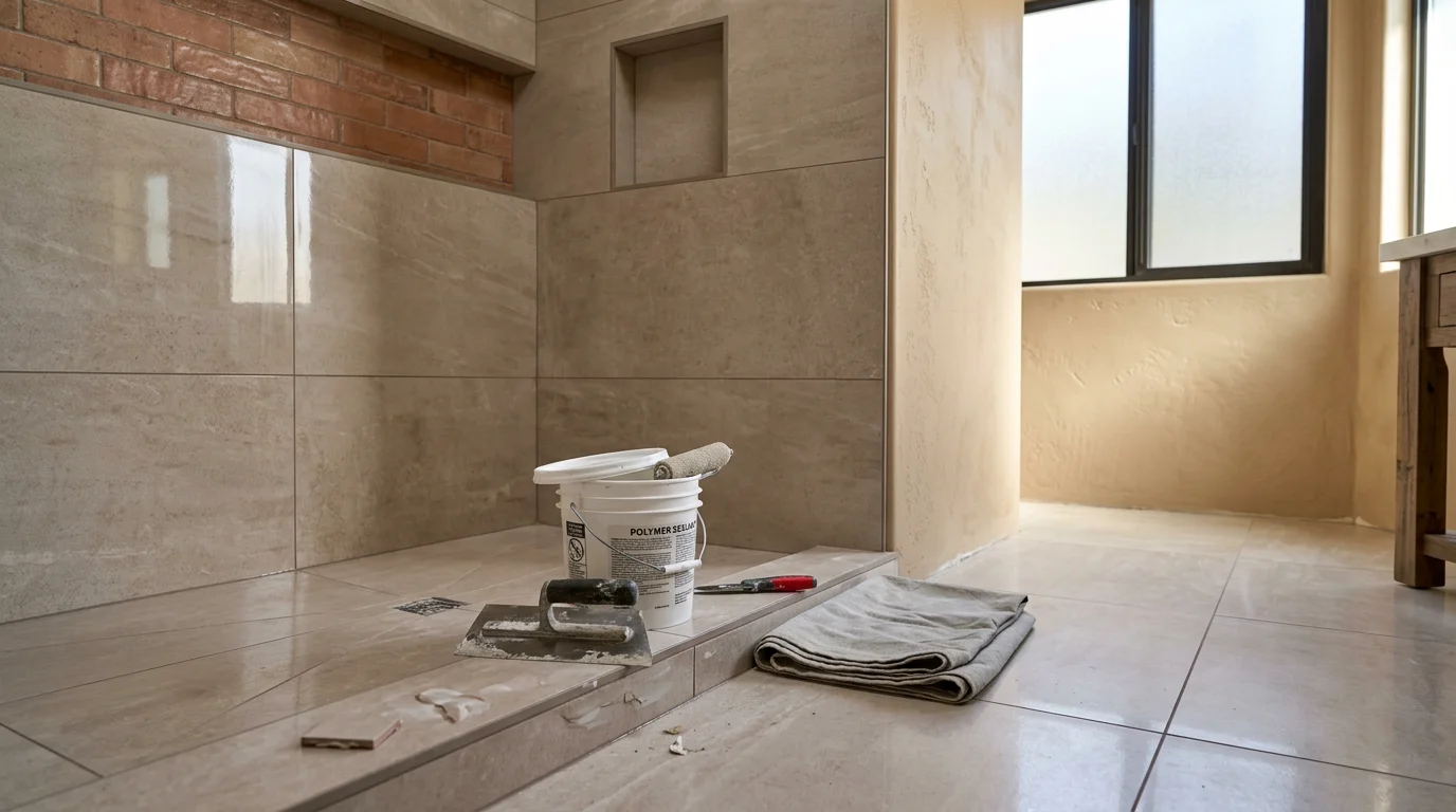 Waterproofed shower wall with a polymer finish in a bright San Diego County bathroom