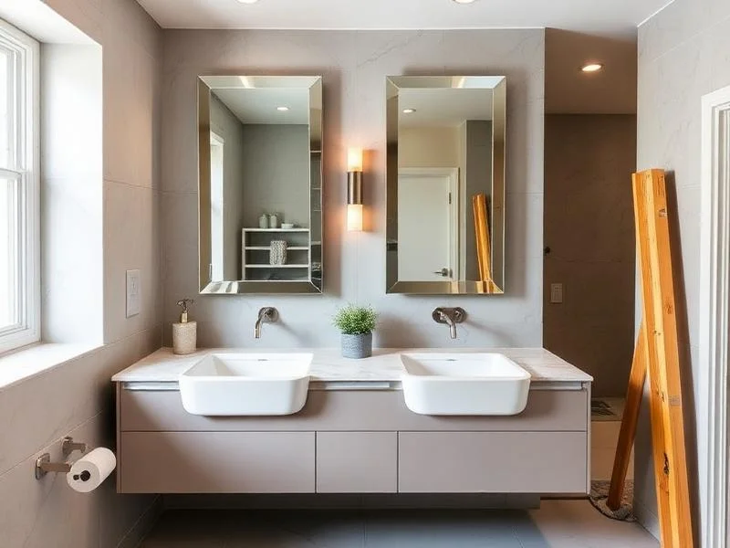 Floating double vanity with white vessel sinks, marble-look countertop, wall-mounted faucets, and beveled mirrors in a gray-tiled bathroom