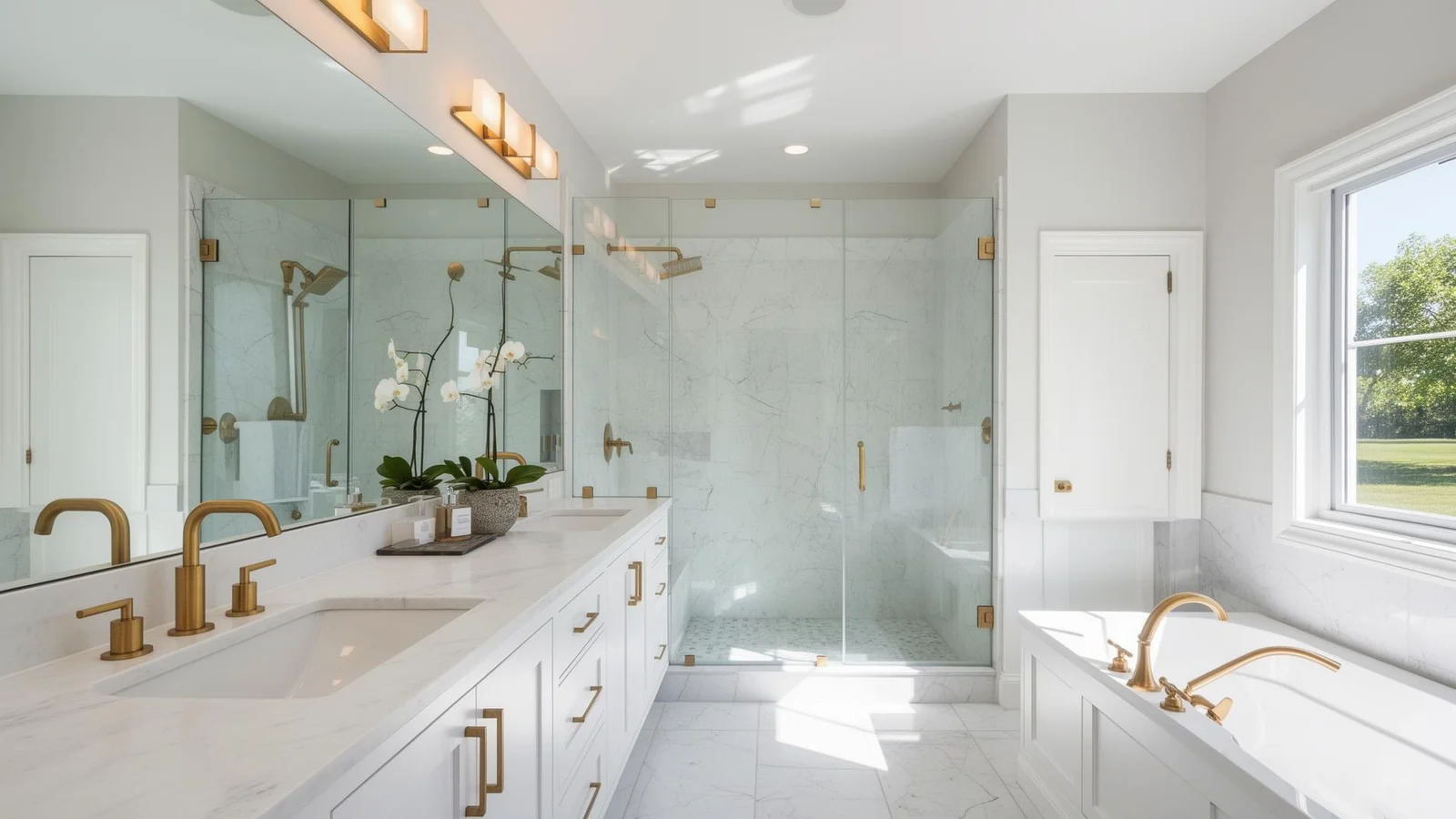 White bathroom with double vanity, quartz countertops, brushed gold fixtures, frameless glass shower, and marble-look tile