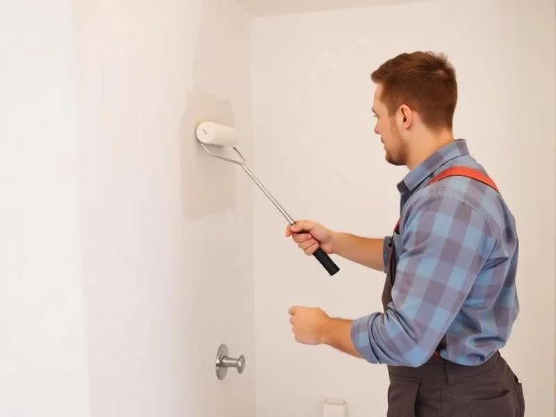 Worker rolling white paint on interior wall with extension roller pole