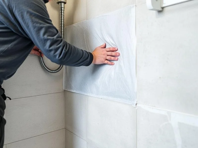 Technician smoothing white waterproofing membrane onto a light gray large-format tile shower wall near a metal shower hose