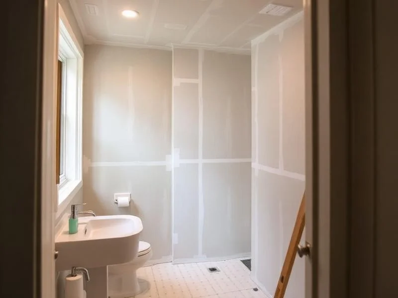 Bathroom mid-remodel with taped drywall seams, framed shower alcove, white floor tile, pedestal sink, and toilet