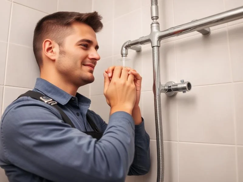 Technician fitting chrome shower arm, diverter valve, and flexible stainless hose against white wall tile