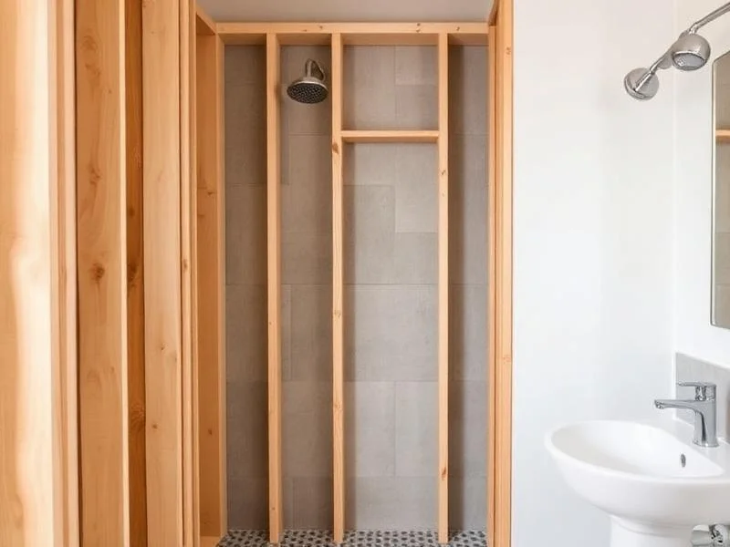 Wood-framed shower alcove with gray wall tile, pebble mosaic floor, chrome showerhead, and white pedestal sink
