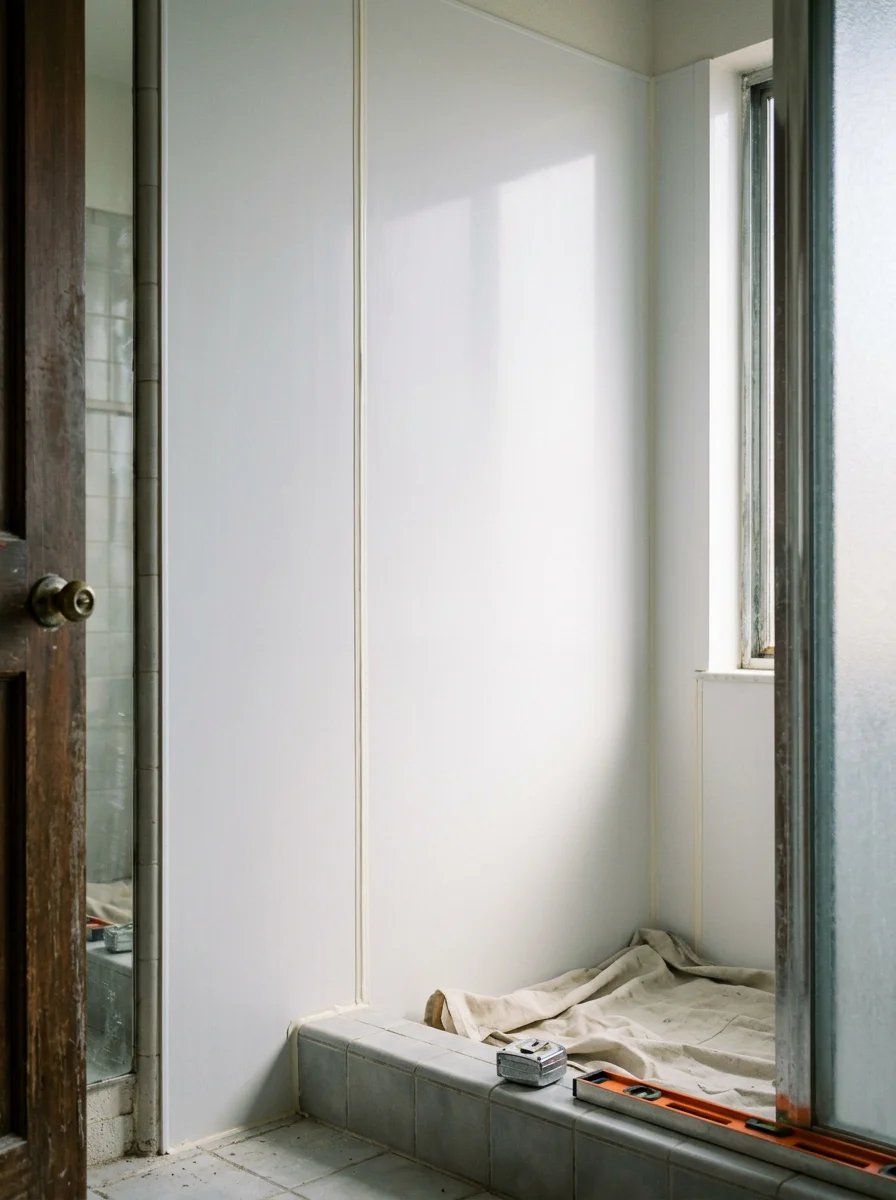 Detail of a waterproofed shower wall installation in a Carlsbad coastal home, showing a polymer panel system replacing corroded original tile near the ocean-facing side of the property.