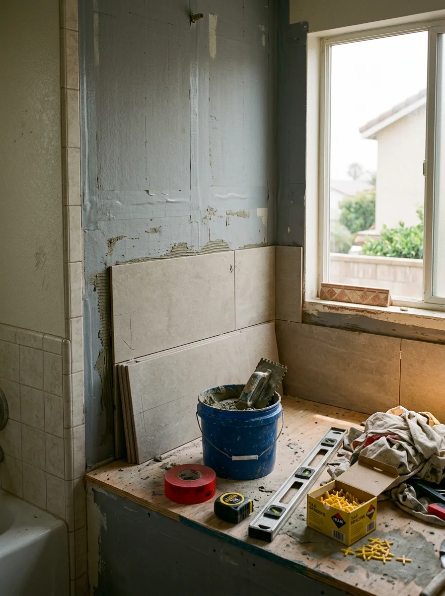 Shower wall waterproofing and tile installation in progress in a South Bay bathroom