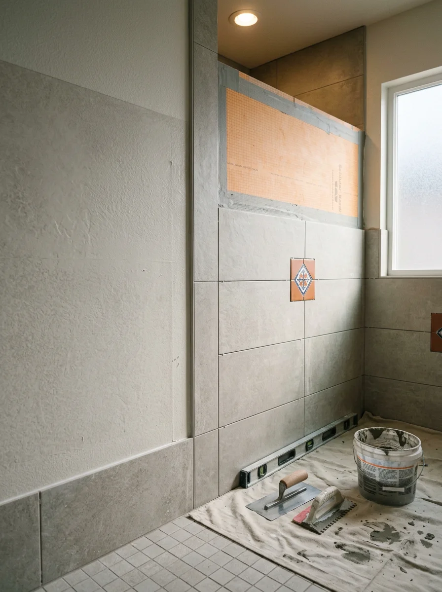 Shower waterproofing and wall tile installation in a Coronado bathroom