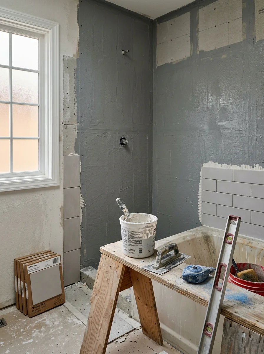 Shower wall waterproofing and tile installation in progress in a San Diego County bathroom