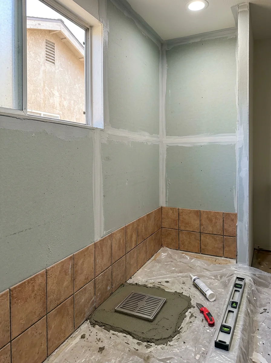 Shower waterproofing and wall system installation in an East County, CA bathroom