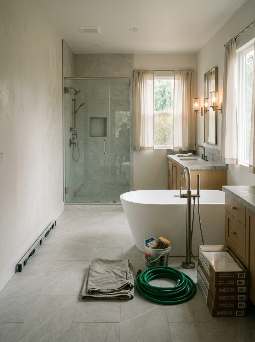 A primary bathroom remodel in an Olivenhain custom home, featuring large-format porcelain tile, a freestanding soaking tub, double vanity with stone countertop, and frameless glass shower enclosure.