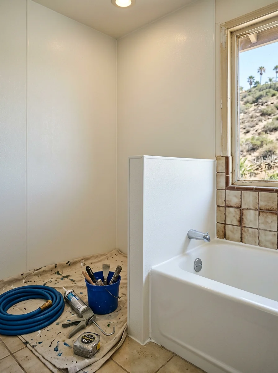 Close-up of a new polymer wall panel installation in an Escondido bathroom, showing a seamless grout-free surface replacing deteriorated original tile in a pre-1990 home.