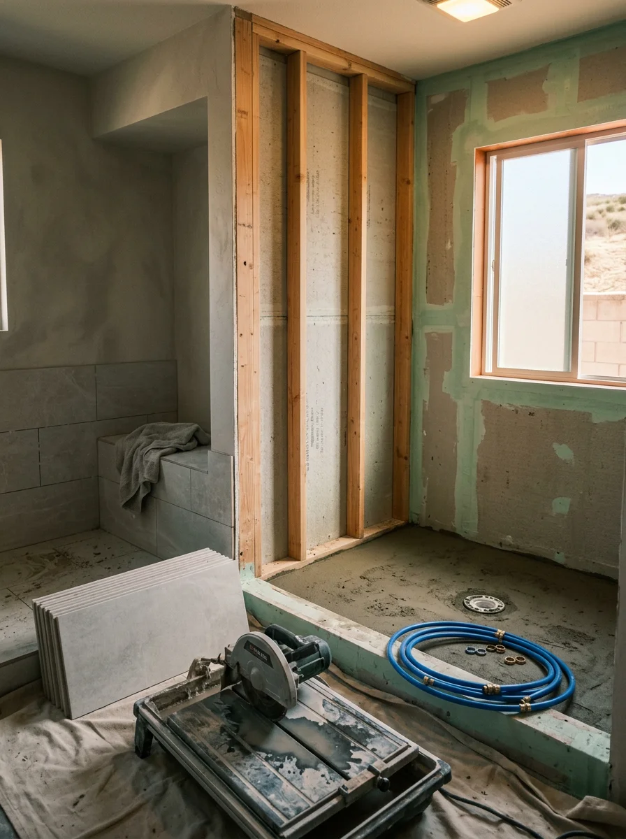Walk-in shower with waterproofed walls being installed in a La Mesa, CA bathroom