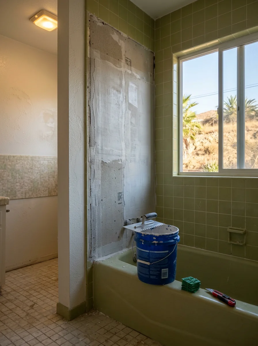 Shower wall waterproofing repair in progress in a Lemon Grove, CA home
