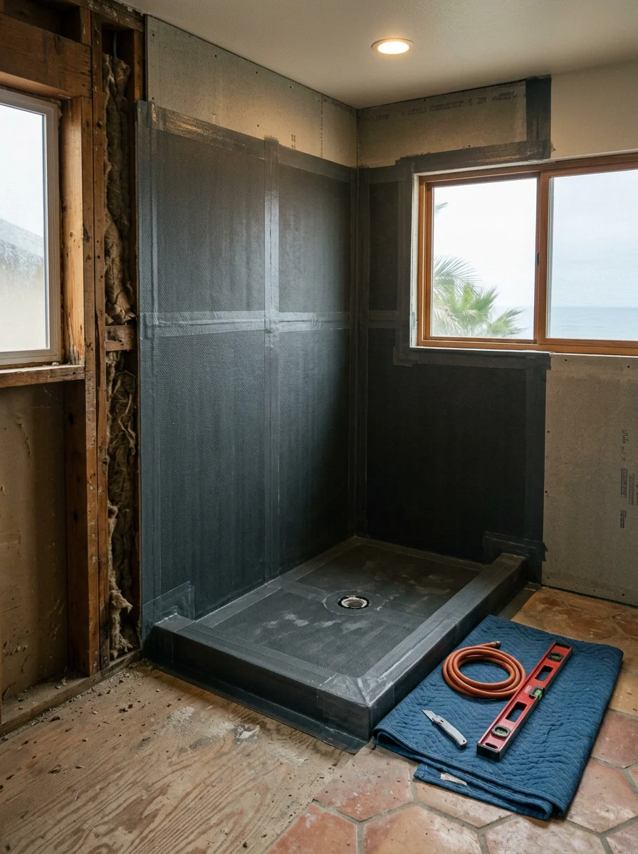 Interior view of a newly waterproofed shower substrate in an Oceanside coastal home, with cement board and membrane installed before tile, showing the structural work behind a bathroom remodel.