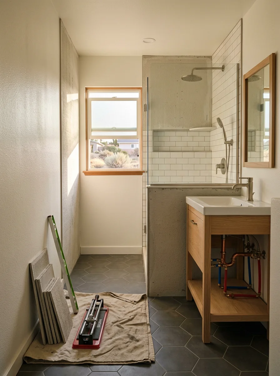 A bathroom remodel in an Old Poway 1950s home, showing a reconfigured layout with a new tub-to-shower conversion, updated plumbing, waterproofed cement board walls, and a new vanity in a compact original footprint.