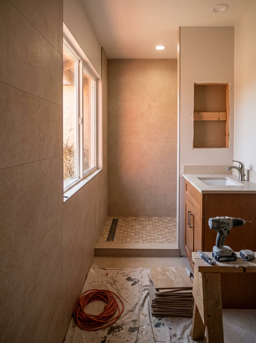 A Rancho Bernardo bathroom remodel showing ADA-compatible features including a curbless shower entry, comfort-height vanity, and blocking installed in the framing for future grab bar placement.