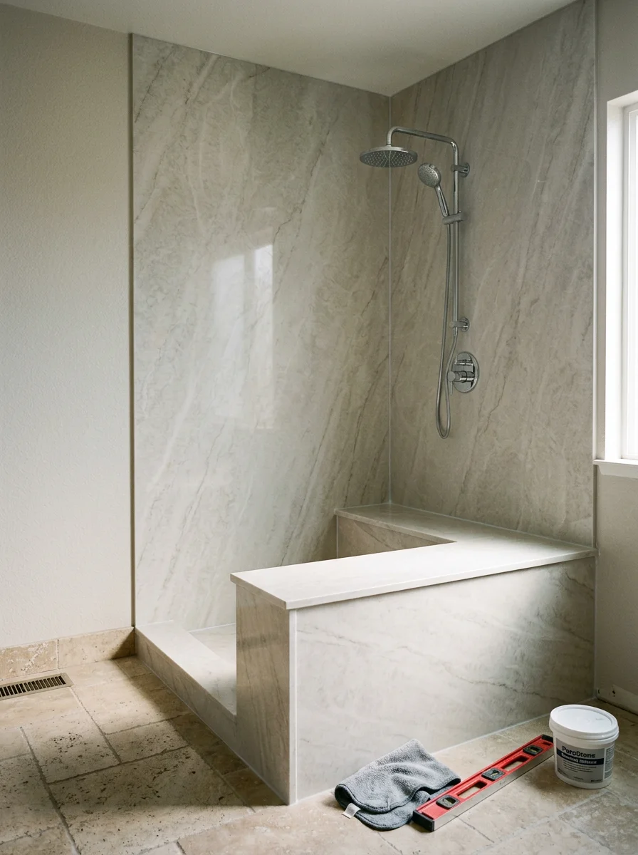 Close-up of a PuroStone wall panel installation in a San Marcos bathroom, showing a seamless grout-free surface that resists the hard-water mineral buildup common in this inland North County city.