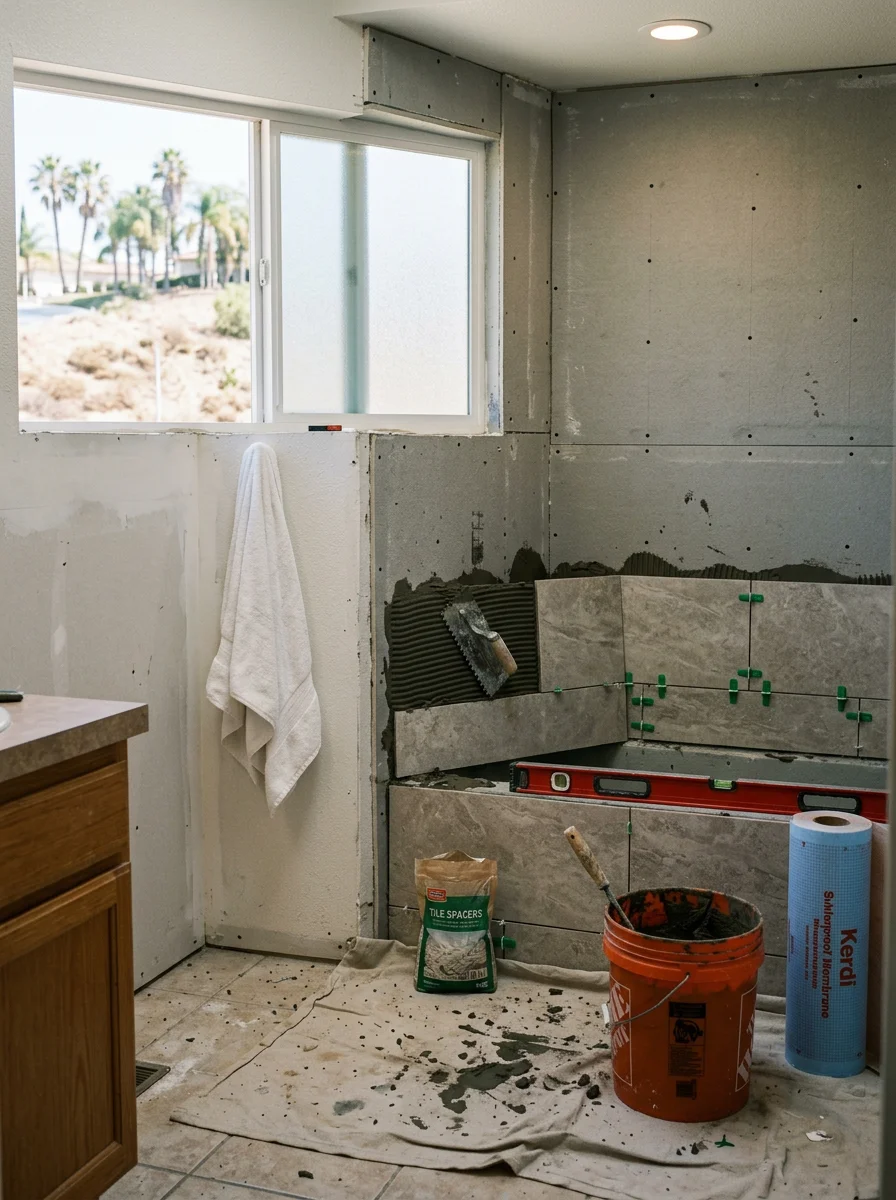 Shower wall waterproofing and tile installation in progress in a Santee bathroom