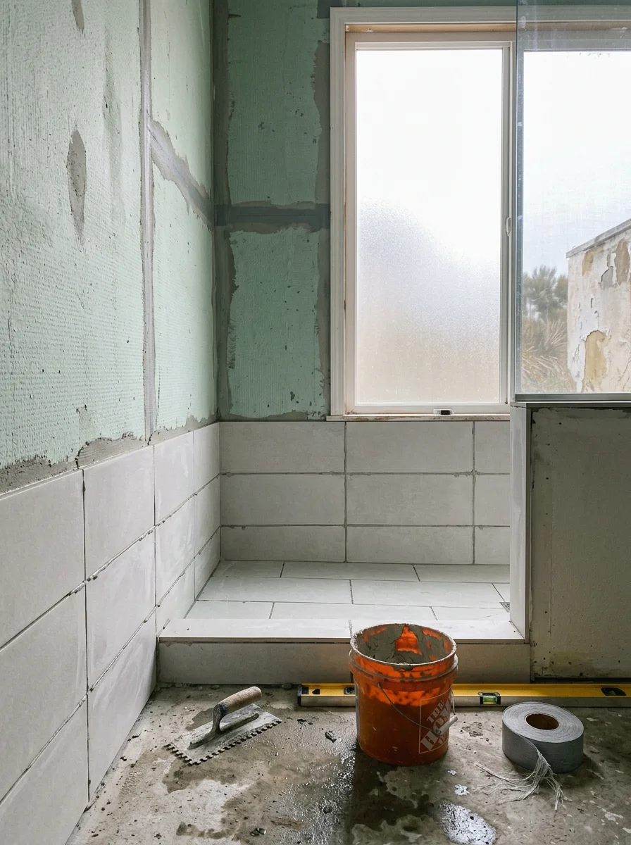 Tile repair and shower waterproofing work in a coastal San Diego County bathroom