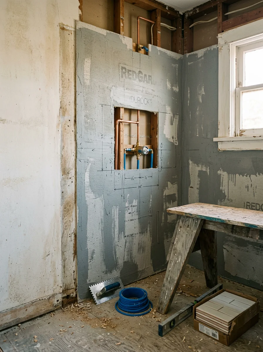 A bathroom remodel in progress in a Downtown Vista older home, showing new waterproofing membrane applied to cement board walls before tile installation, with updated plumbing rough-in visible.