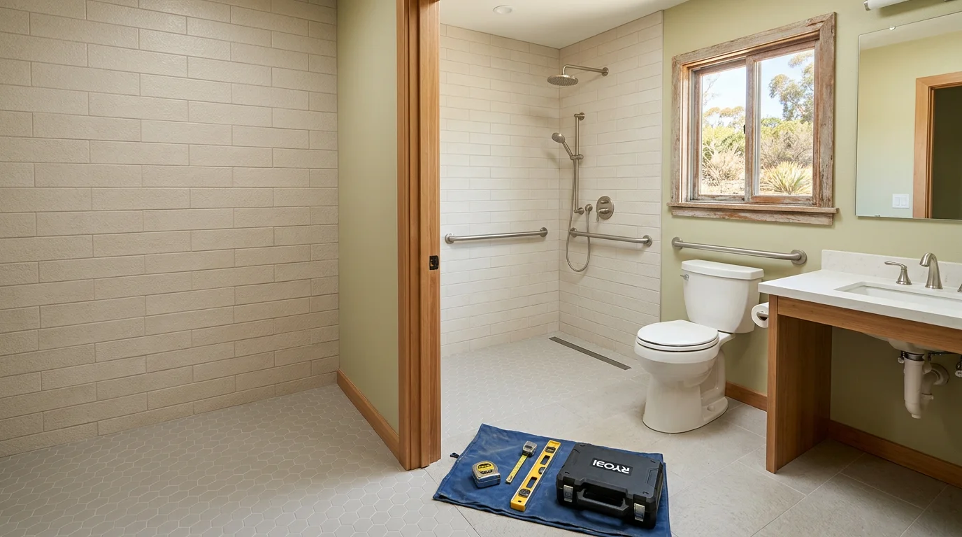 A newly remodeled ADA compatible bathroom in an Escondido home, featuring a curbless roll-in shower with grab bars, a comfort-height toilet, and an open vanity with knee clearance below. The flooring is non-slip tile and the doorway is widened to allow full wheelchair access.