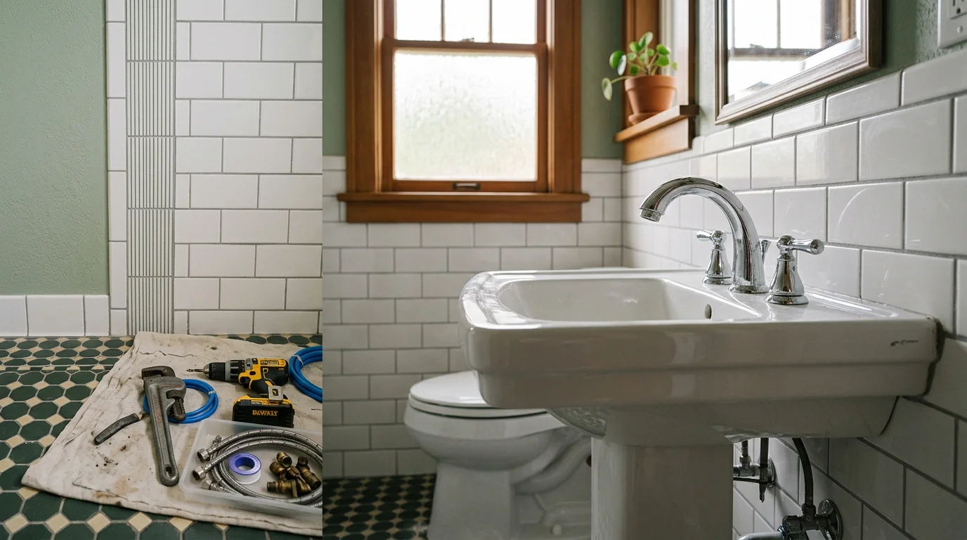A newly installed bathroom sink and faucet in an Escondido home, showing clean plumbing connections and a finished countertop surface. The fixture replacement is complete with no visible damage to the surrounding tile or cabinetry.
