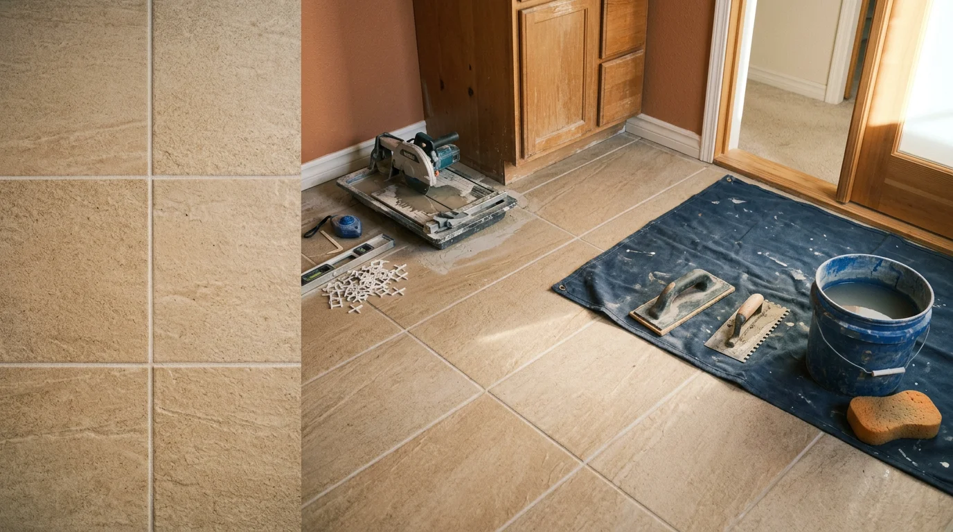 Freshly installed bathroom floor tile in an Escondido home, showing consistent grout lines and a level surface across the full bathroom floor. The tile runs from the vanity base to the tub edge, with clean cuts along each wall.