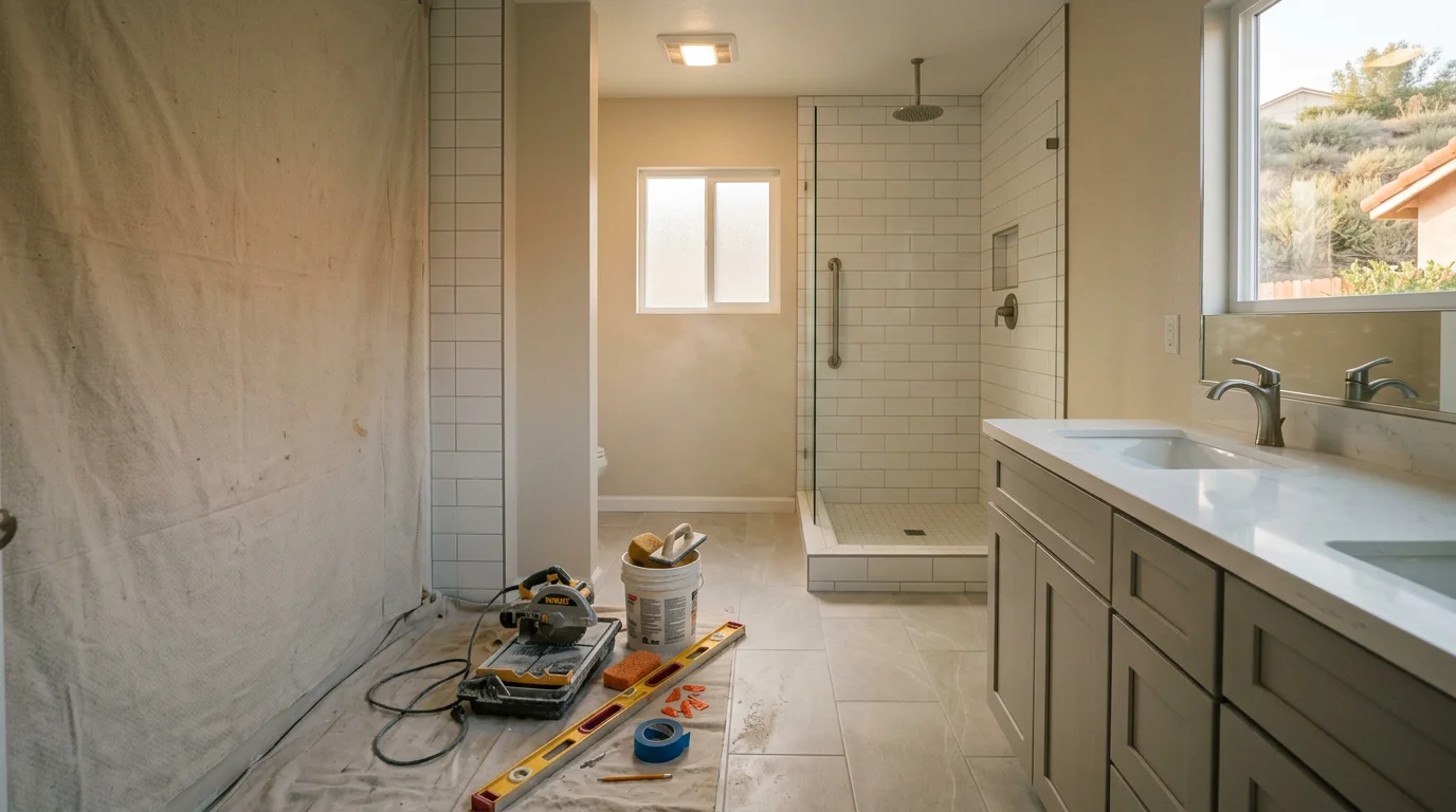 A remodeled bathroom in an Escondido home featuring updated wall surfaces, a new vanity, and clean flooring suited to North County's hard-water conditions. The finished space shows a practical, modern layout typical of renovated San Diego County homes.