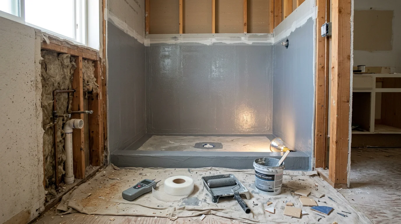 A bathroom in an Escondido home with the tile surround removed, exposing freshly applied membrane waterproofing across the walls and floor-to-wall transition before new tile installation. A moisture meter rests on the cement backer board, showing a dry reading after waterproofing is complete.