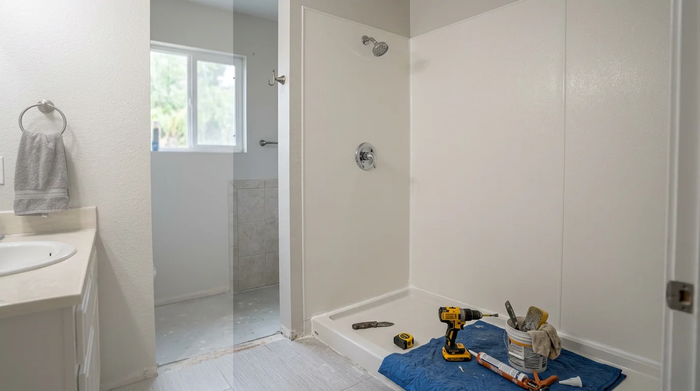 Newly installed polymer shower wall panels in an Escondido home bathroom, showing smooth, grout-free wall surfaces fitted around a shower fixture. Clean corner seals and a polished finish replace the previous tile and grout installation.