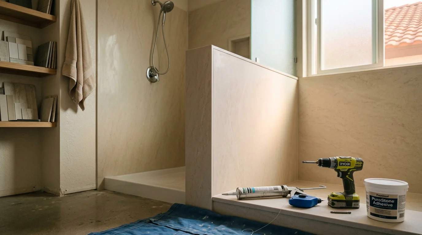 Completed PuroStone shower wall installation in an Escondido, California home, showing continuous grout-free stone-finish panels inside a walk-in shower enclosure. The surface has a matte, stone-inspired texture with clean seams and no visible grout lines.