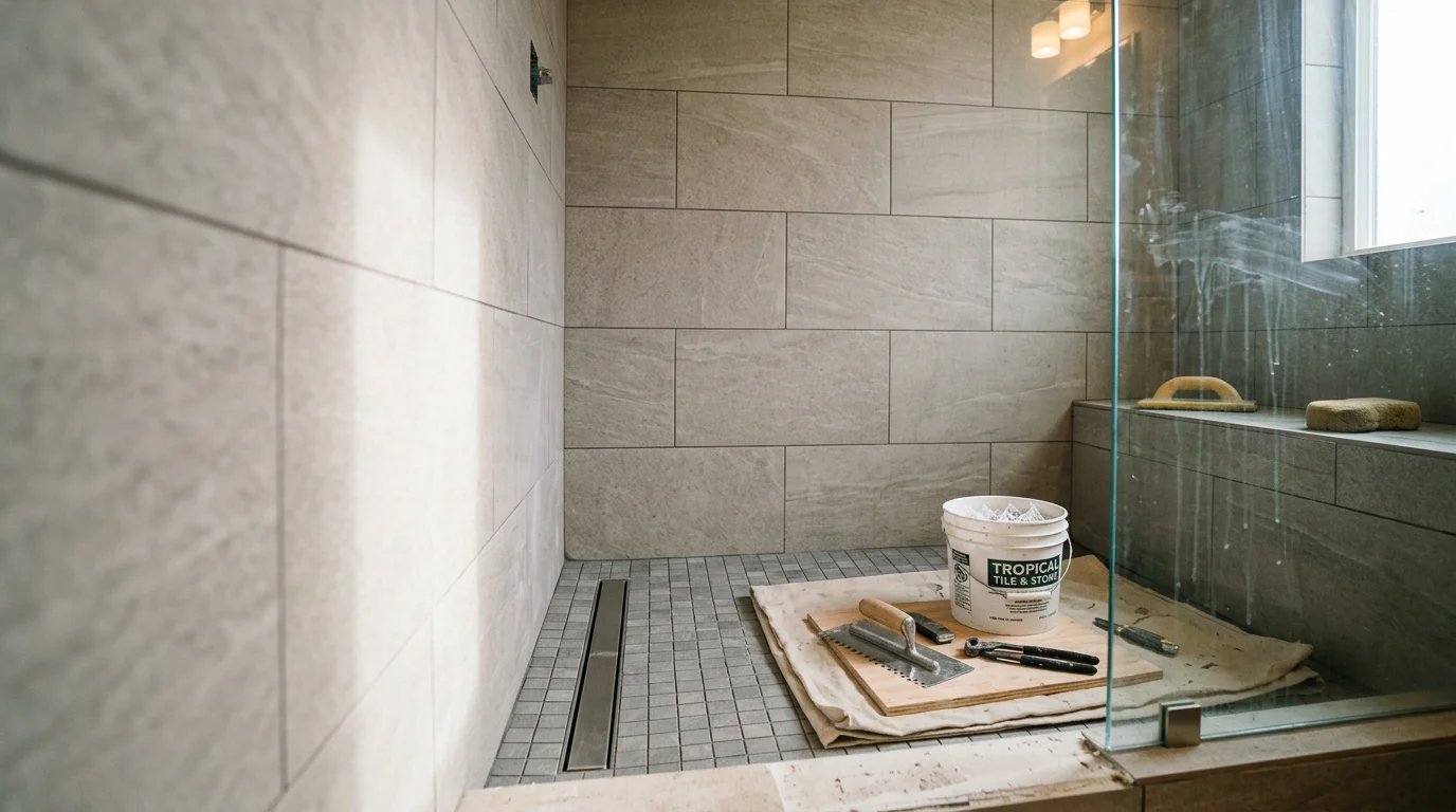 Freshly installed porcelain shower tile with sealed grout on the walls and floor of a walk-in shower in an Escondido, California home. The tile work shows clean grout lines and a waterproofed cement backer board substrate visible at the unfinished niche edge.