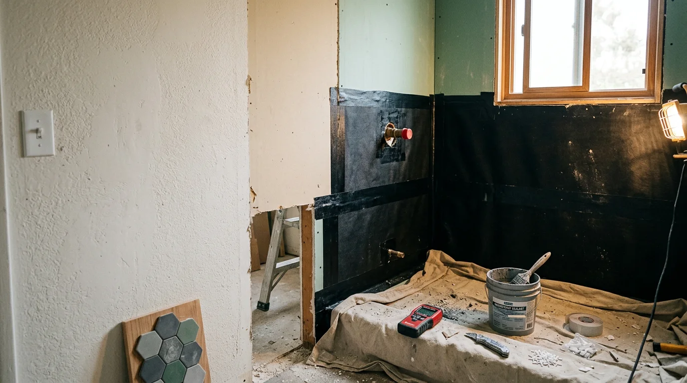 Close-up view of a shower wall in an Escondido home showing repaired waterproofing substrate with sealed corners and seams before tile reinstallation. The wall cavity is dry and structurally sound following removal of water-damaged materials.