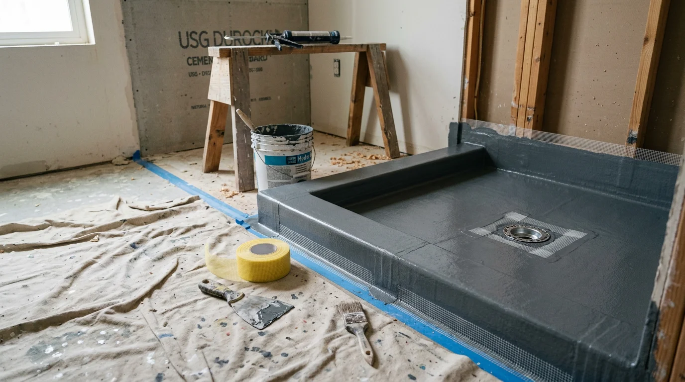 A freshly waterproofed shower pan and wall base in an Escondido home, showing sealed corners, a protected drain edge, and smooth wall surfaces ready for tile installation.