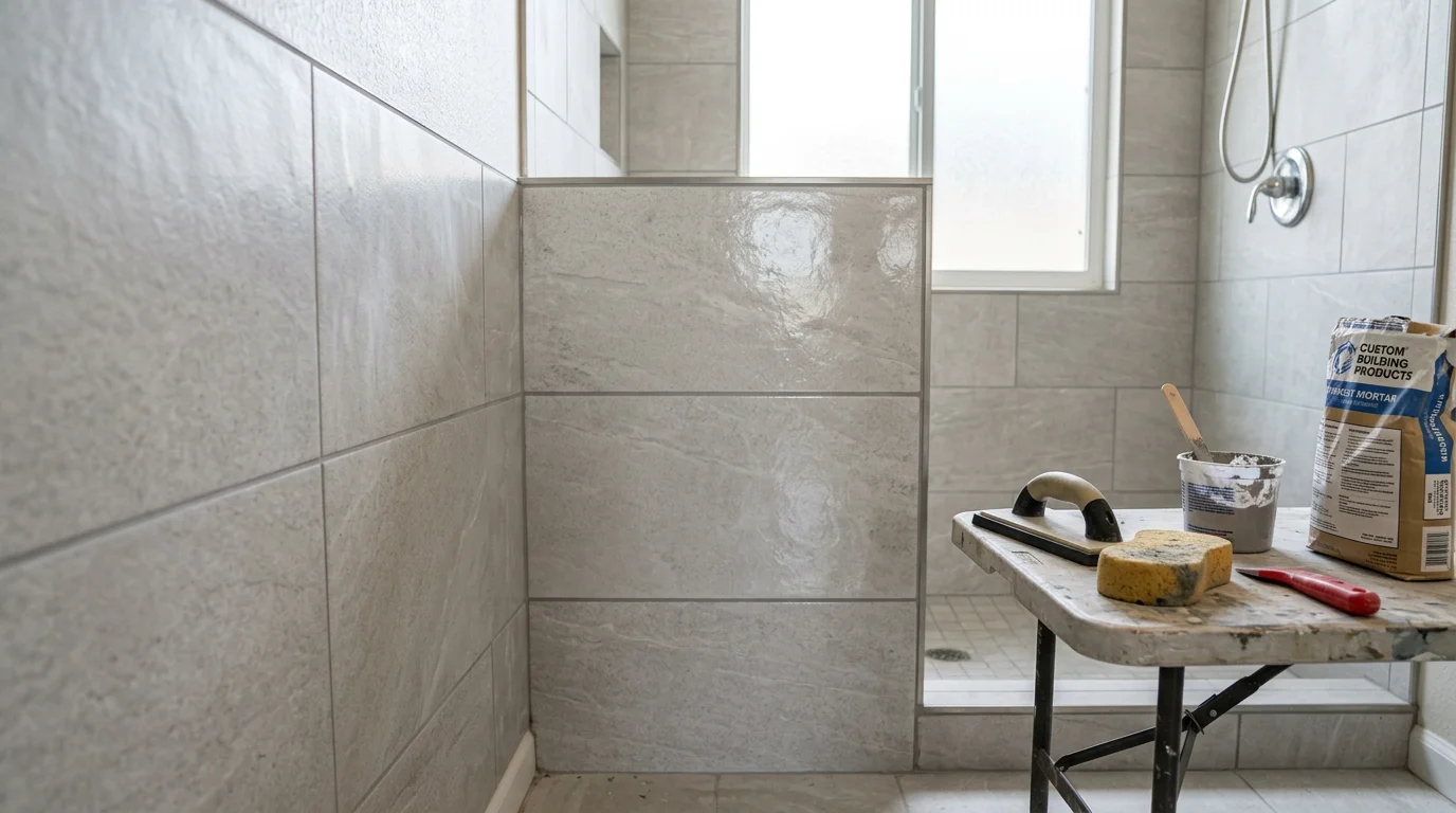 A tile contractor repairing cracked floor tile in an Escondido home bathroom, with color-matched grout being applied to the repaired section. Close-up view showing the repaired tile blending with the surrounding installation.
