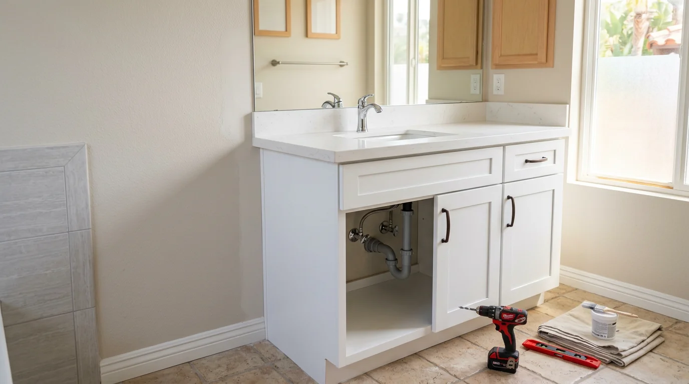 A freshly installed bathroom vanity with a white countertop and sink in an Escondido home, showing clean wall patching and connected plumbing fixtures beneath the cabinet.