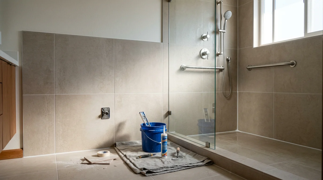 A newly installed walk-in shower in an Escondido home, featuring an open entry with no threshold and clean wall surfaces. The bathroom shows a modern, space-efficient layout typical of a San Diego County residential remodel.