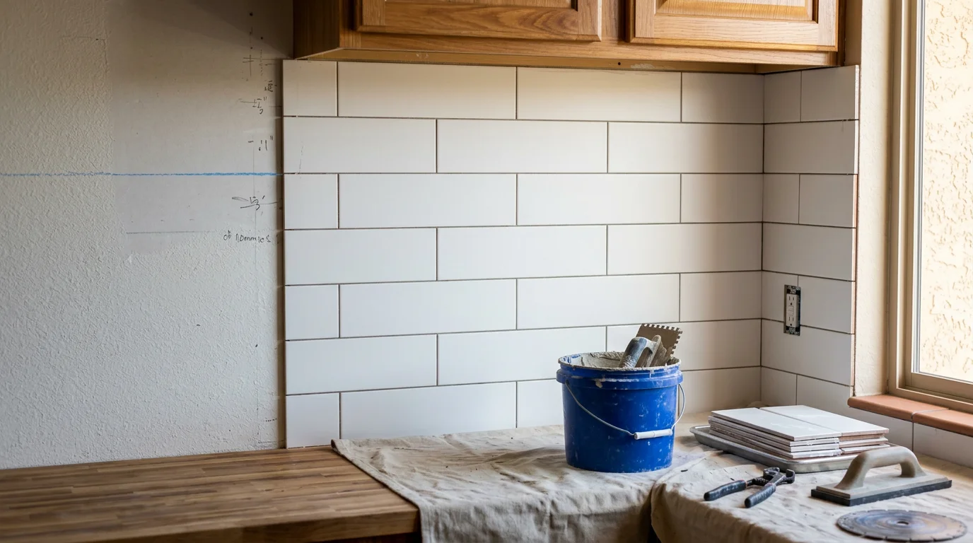 Freshly installed wall tile on a kitchen backsplash in an Escondido home, showing clean grout lines and a centered tile layout. The tile runs from the countertop to the bottom of the upper cabinets with finished edges at each side.